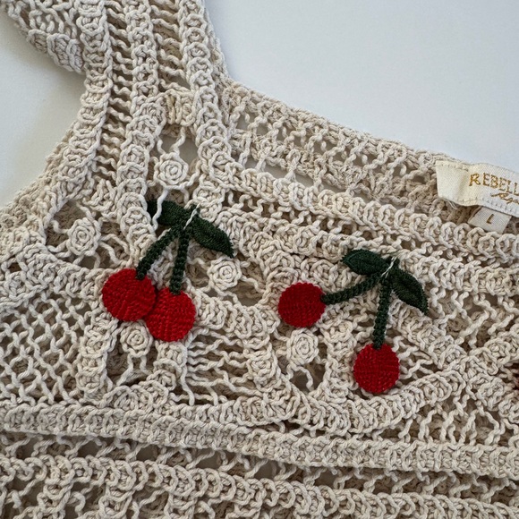Rebellion Tan Crochet Crop Top with Cherry Details - Picture 2 of 7
